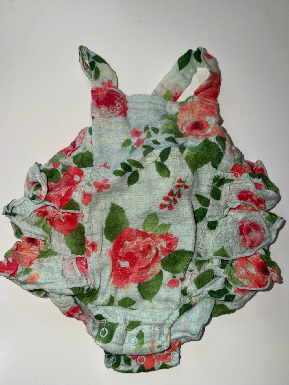 Angel Dear Floral Ruffle Baby One-Piece in Mint and Coral